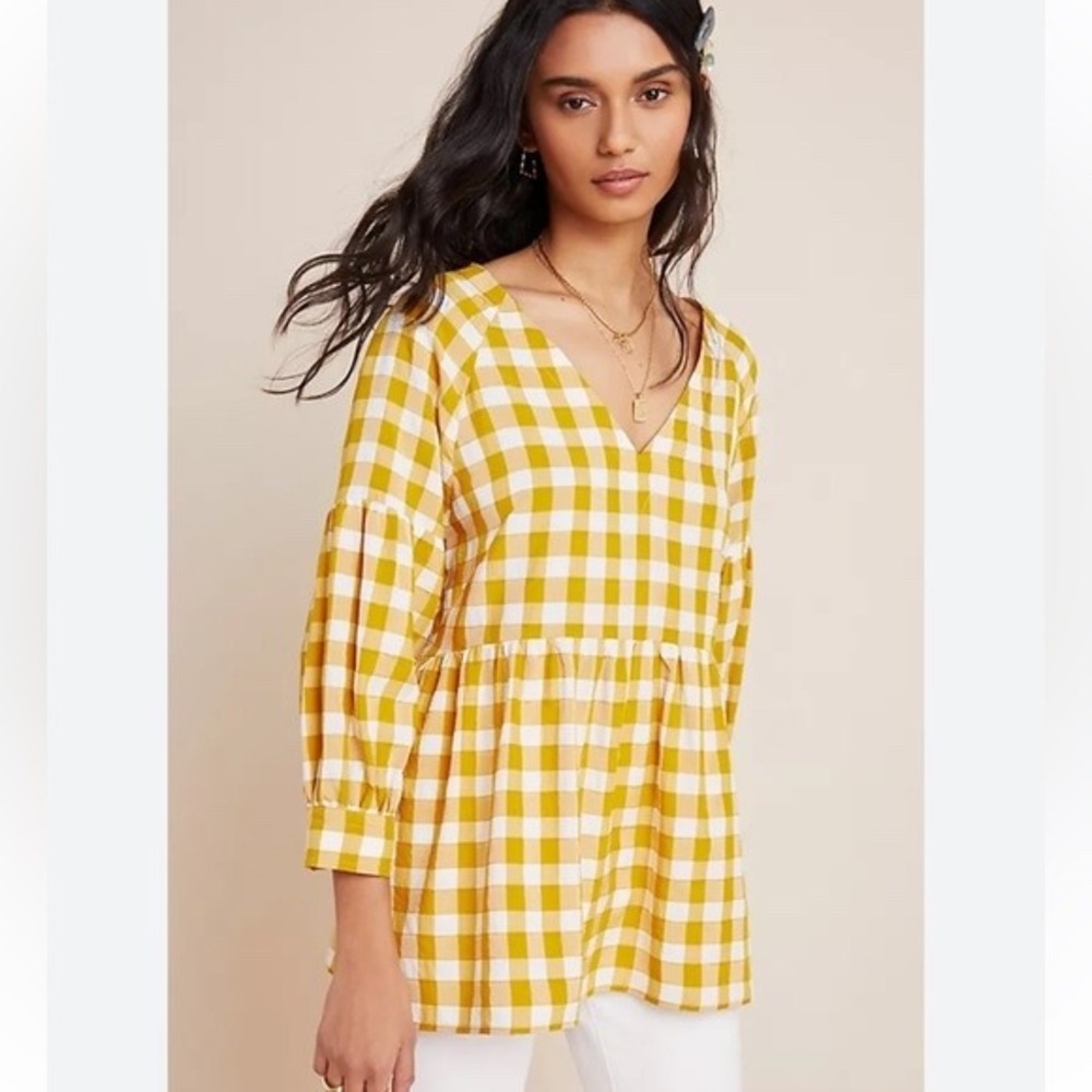 Maeve by Anthropologie April Gingham Babydoll Blouse Mustard Yellow Large